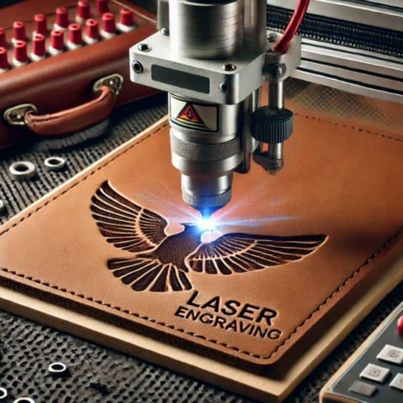 Laser-engraved MHERDER logo on a leather product