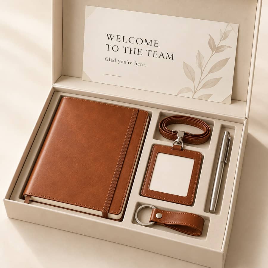 Custom leather employee welcome kit in presentation packaging