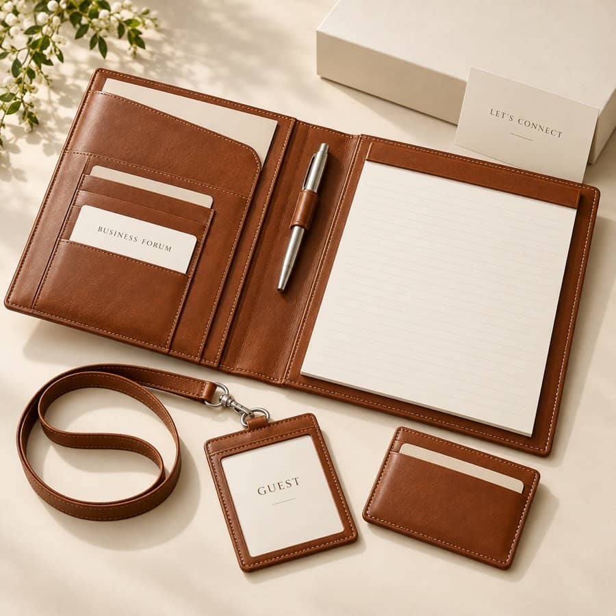 Custom leather event gifting set with portfolio and badge holder