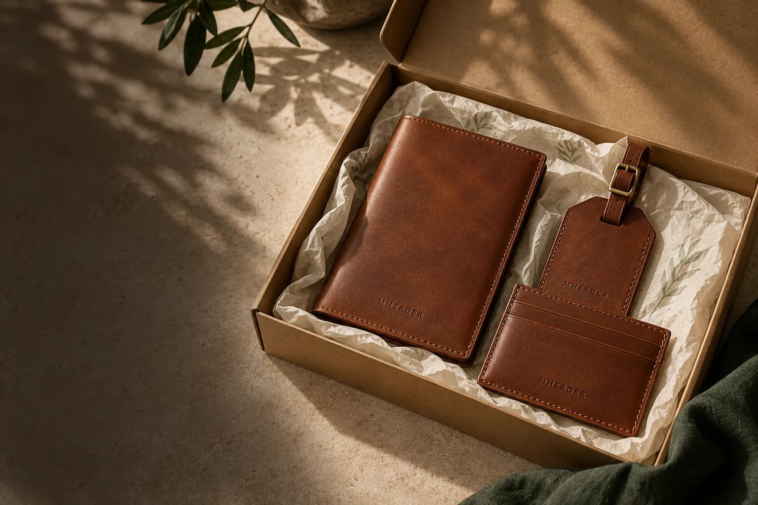 Custom MHERDER leather gift set in a presentation box