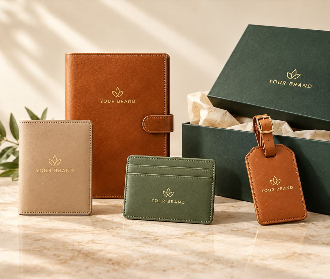 Custom leather notebook, card holder and keychain arranged as a corporate gift set