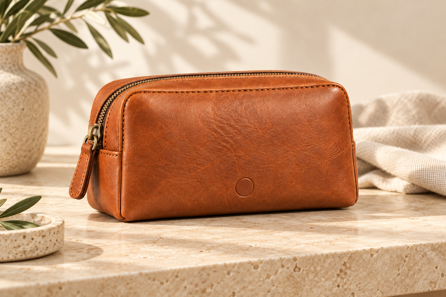 Cognac leather cosmetic bag on a refined travel desk