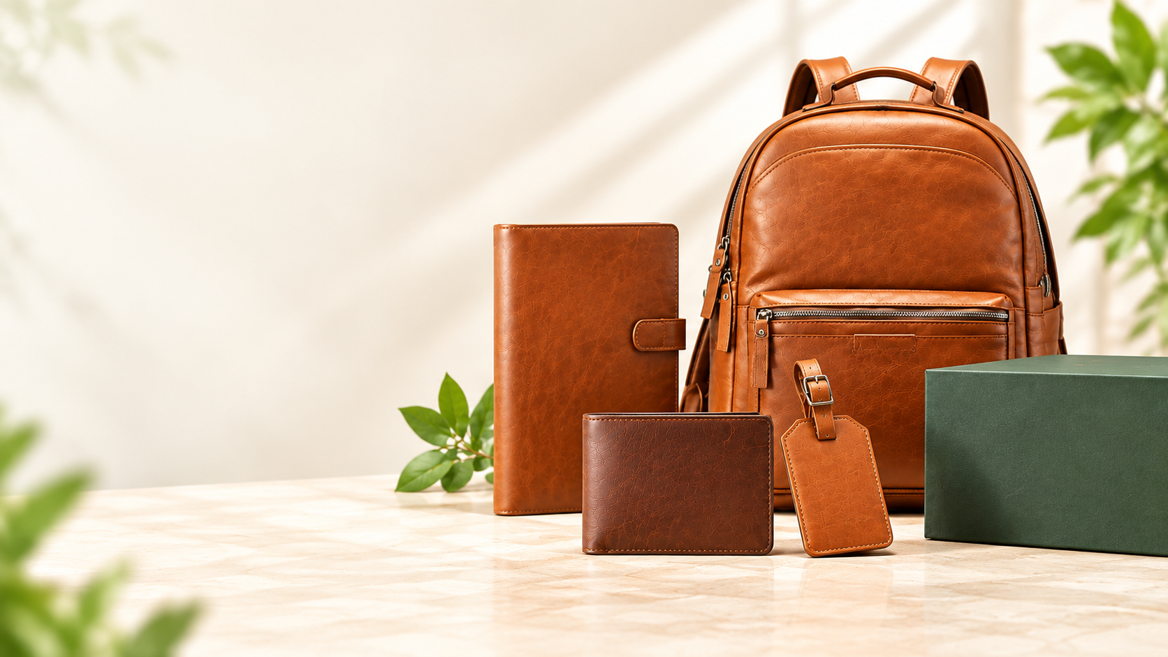Custom branded leather backpack, wallet and accessories