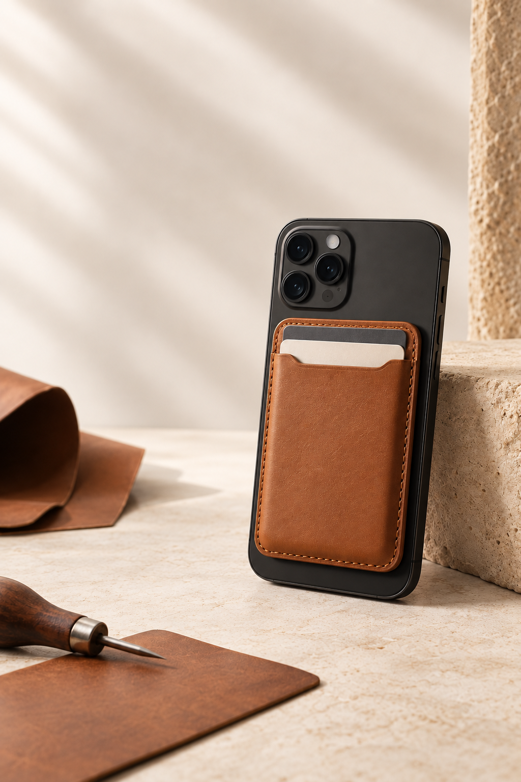 Cognac leather MagSafe-compatible wallet attached to an unbranded smartphone