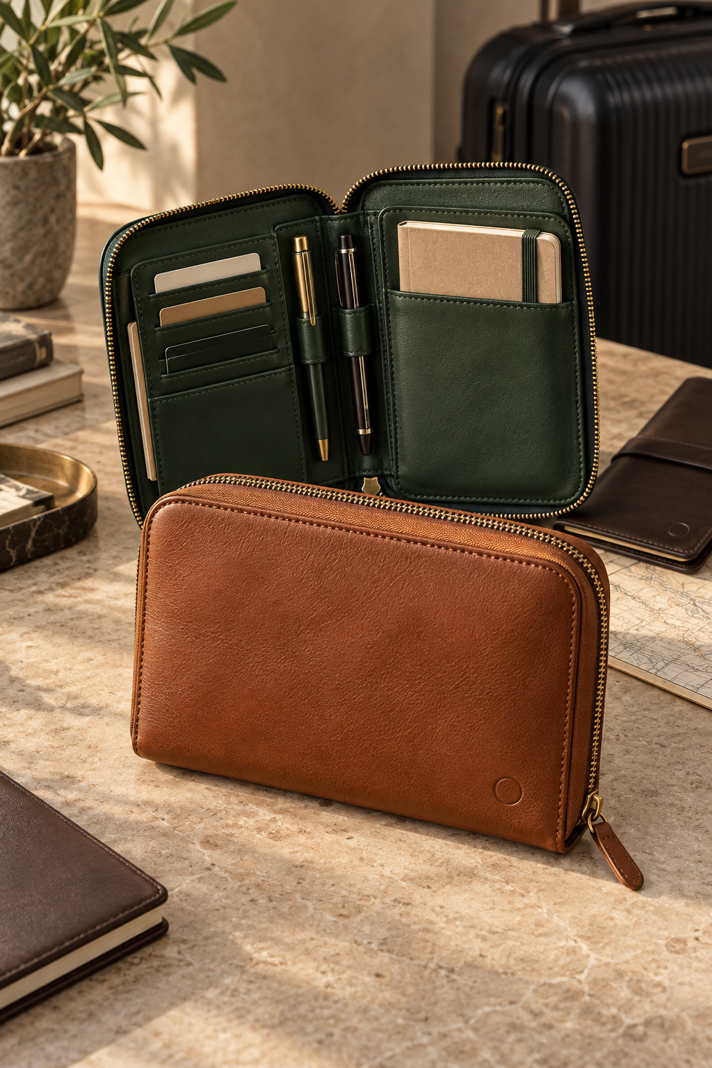 Cognac and forest-green custom leather organizer pouches on a travel desk