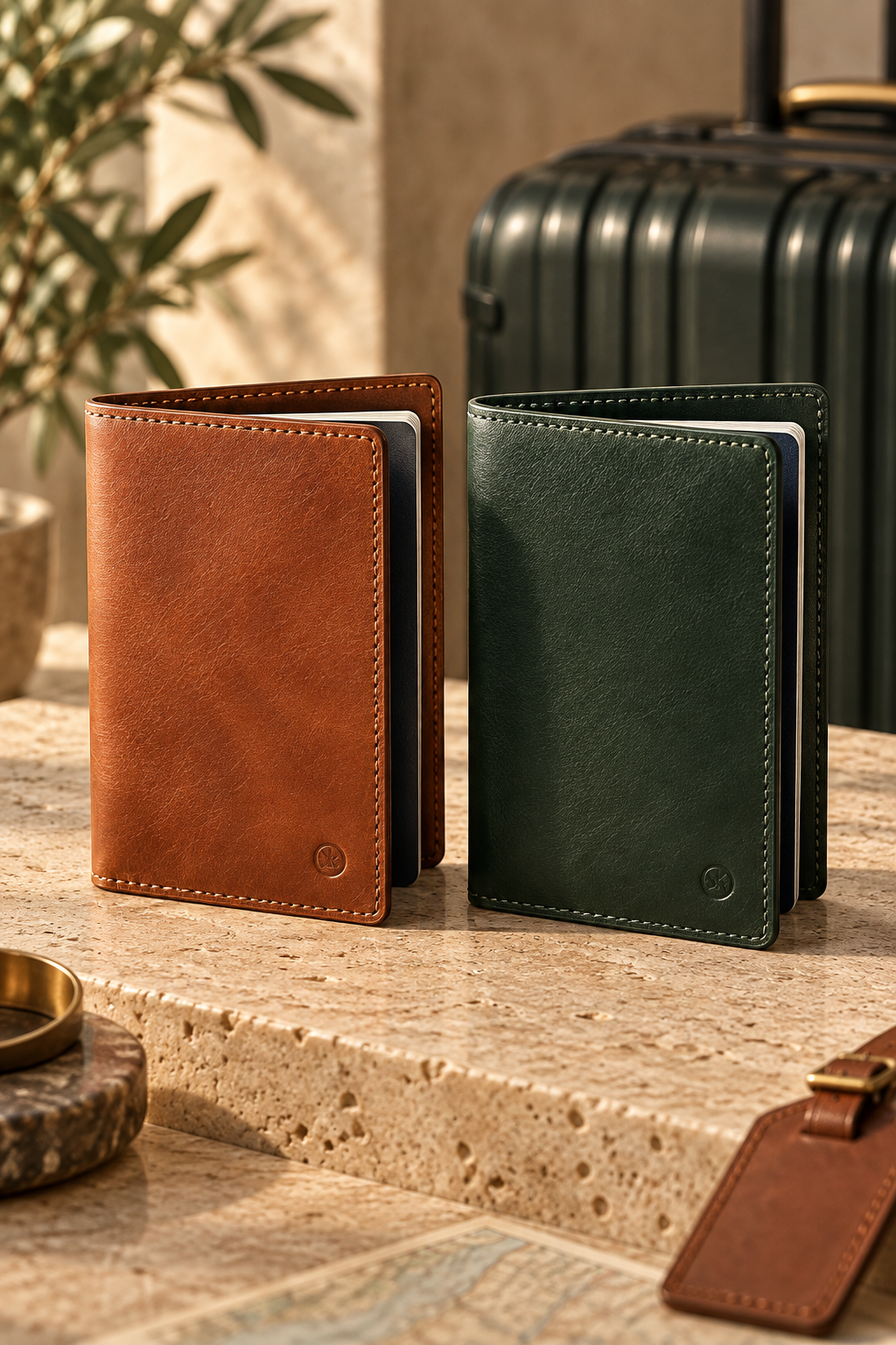 Cognac and forest-green custom leather passport holders beside travel luggage