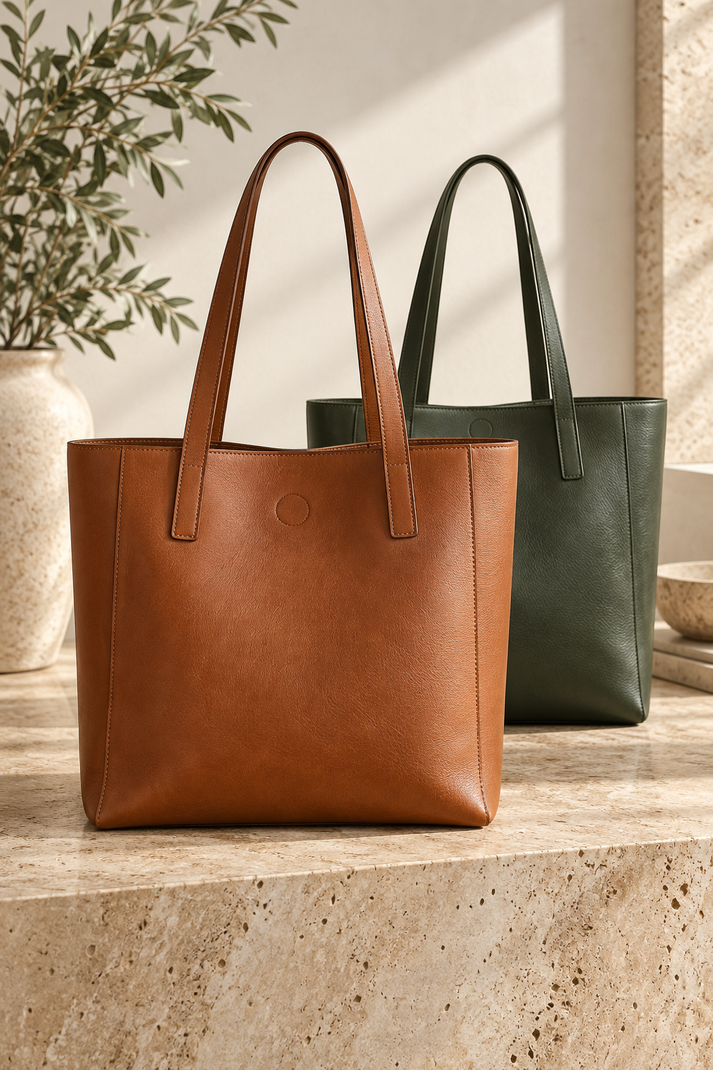 Cognac and forest-green custom leather shopping bags in a premium retail setting
