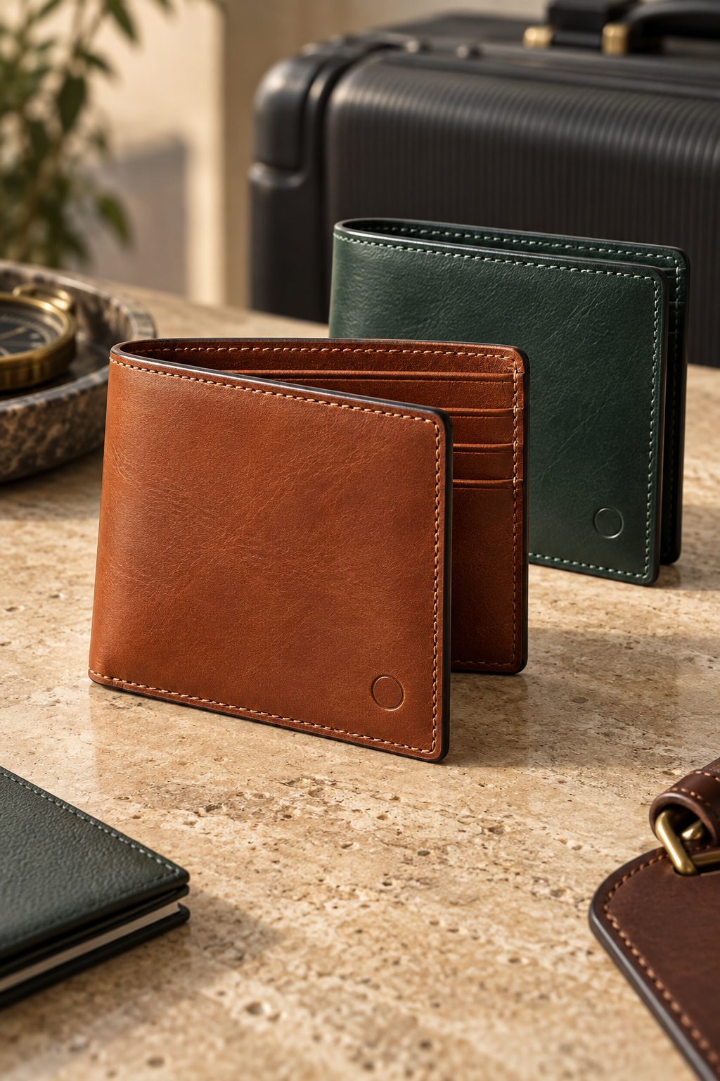 Cognac and forest-green custom leather bifold wallets on a refined travel desk